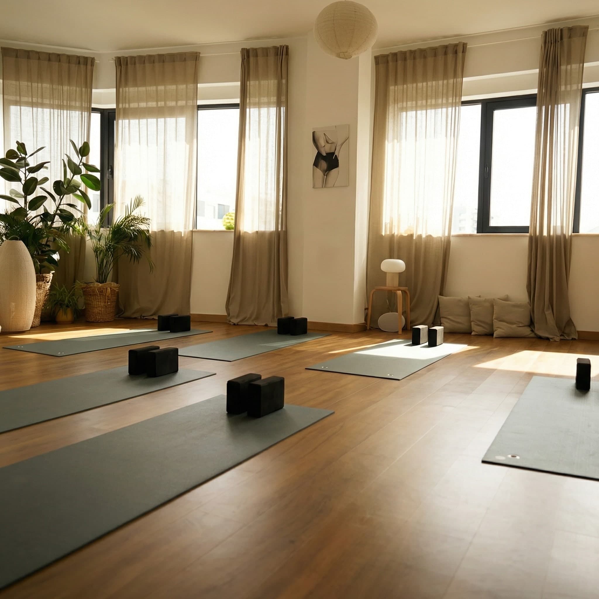 Minimalist interior design of the MokoBoko Studio in Saldanha, Lisbon, featuring high ceilings, yoga mats, and exercise blocks.