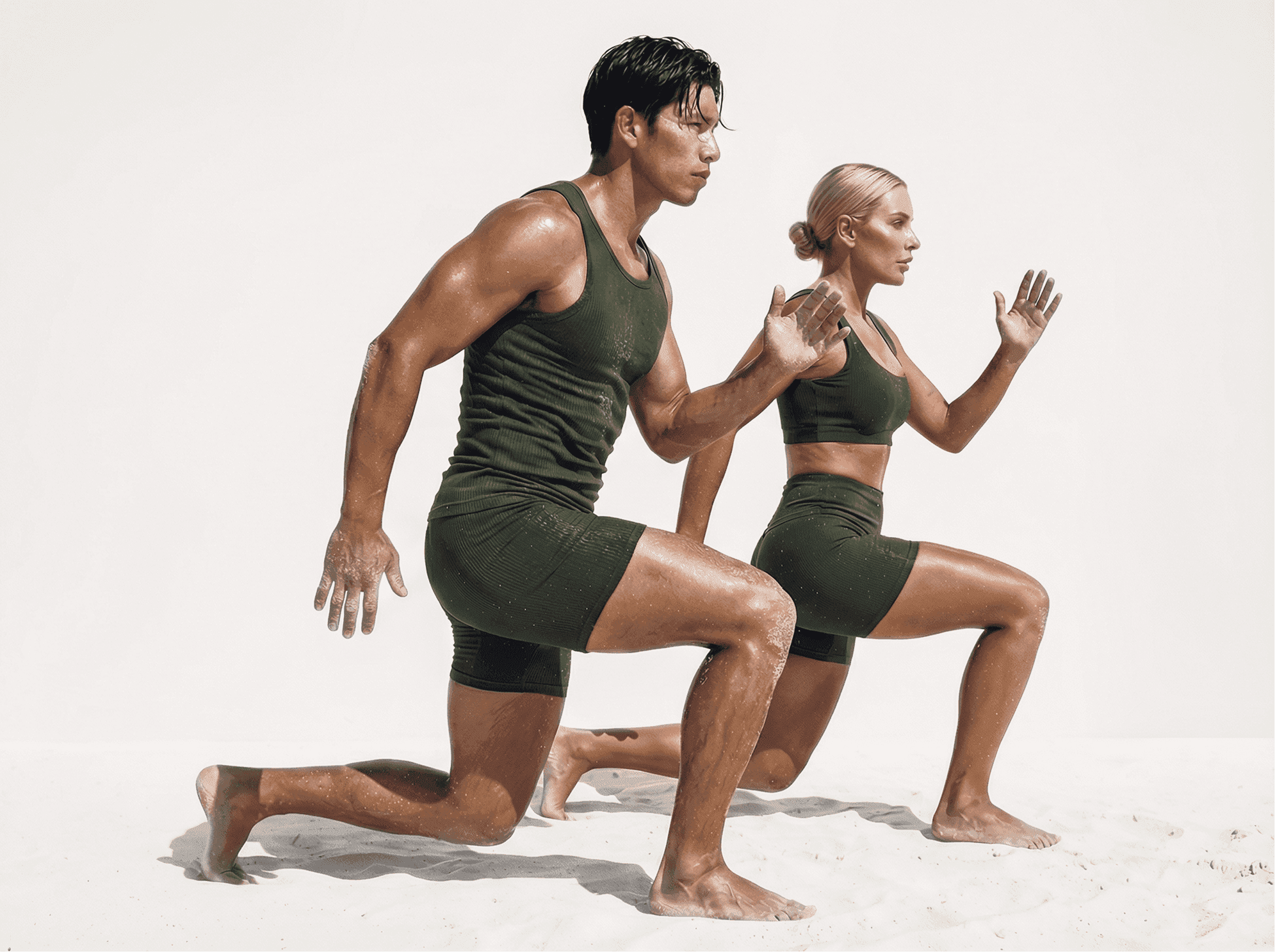 Man and woman in olive activewear performing a HIIT lunge for a bootcamp class in Saldanha, Lisbon