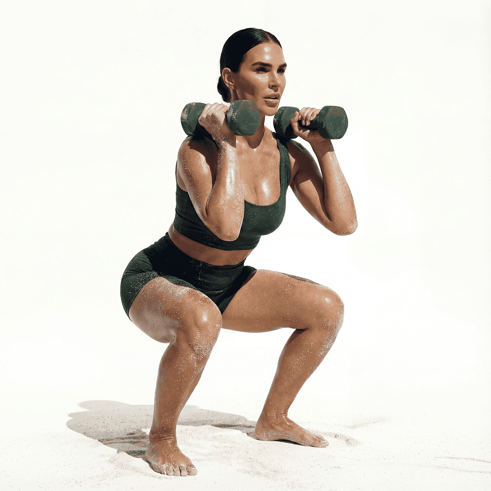MokoSweat high-intensity interval training (HIIT) featuring a weighted squat with dumbbells.