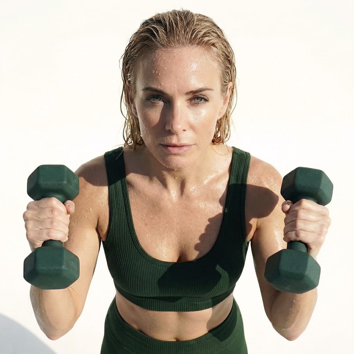 MokoSculpt Pilates sculpt class: a woman holding two light dumbbells at her shoulders.